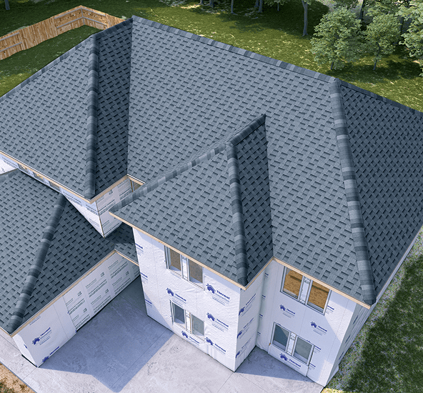 New construction home with gray shingled roof