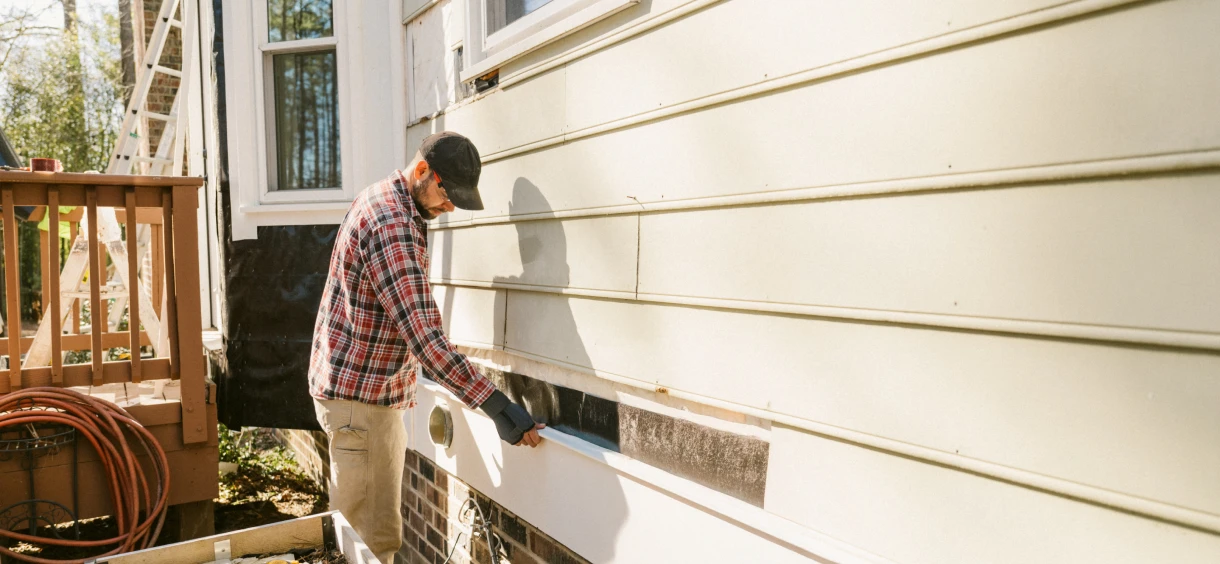 Man repairing exterior house siding